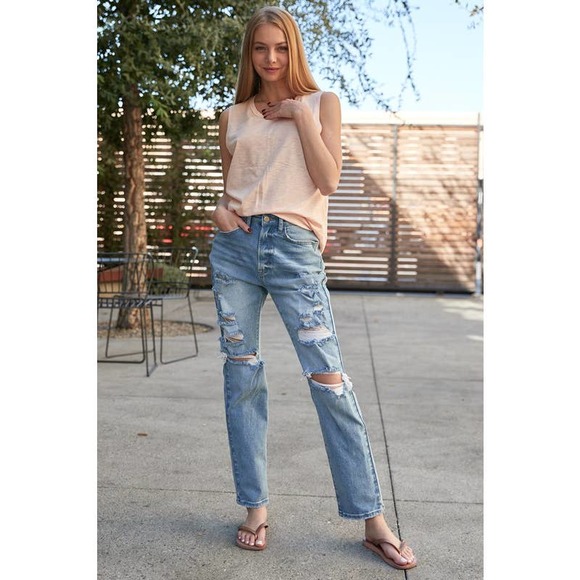 Top Tier Medium blue Distressed Straight Leg Jeans - Picture 3 of 4